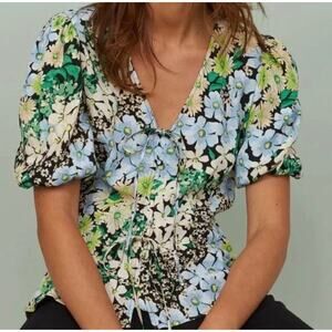 H&M Boho Cottagecore Floral Puff Sleeve Rayon Short Sleeve Blouse Medium Summer